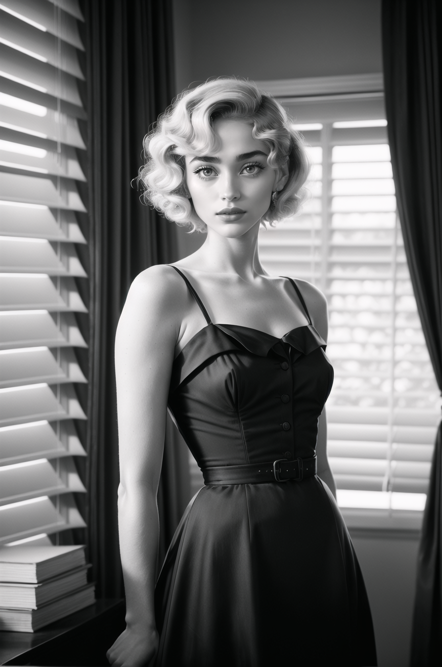 black and white still photo of sad RoxieCipher with blonde 1950s bouffant hair, wearing a vintage 1950s aline dress, dark ...
